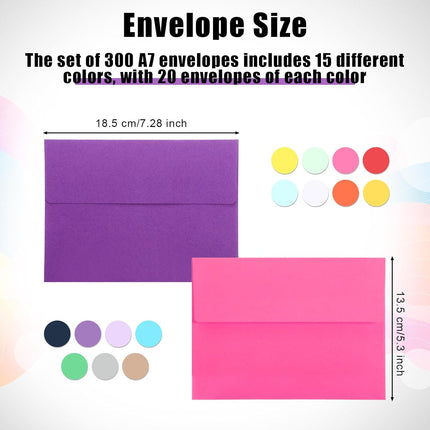 300-Piece A7 Invitation Envelopes, 15 Colors