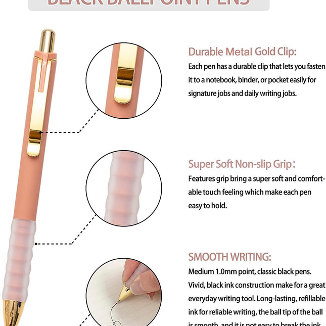 Black Medium Point 1mm Retractable Ballpoint Pens with Super Soft Grip, Gold, 12 pcs
