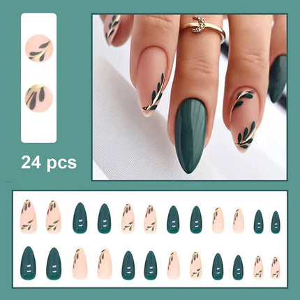 Medium Almond French Tip Press-On Nails with Designs, 24 pcs