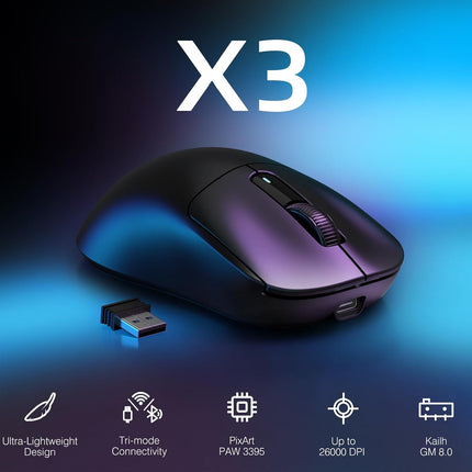 X3 Wireless Gaming Mouse, 49g Ergonomic Triple-Mode Mouse with PAW3395 26K DPI Sensor, 200h Battery, Programmable Buttons, Black