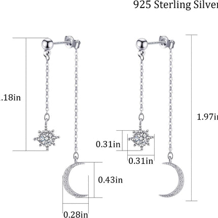 Moon and Star Sterling Silver Dangle Earrings with Chain Tassel