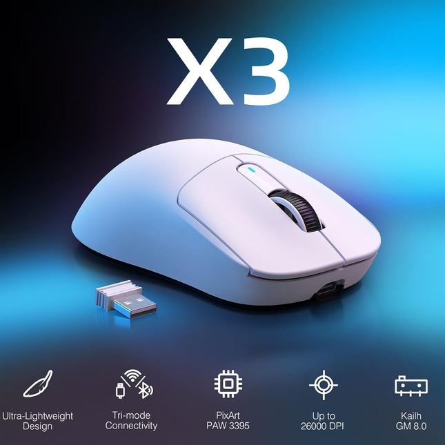 X3 Wireless Gaming Mouse - 49g Ergonomic, 26K DPI, White