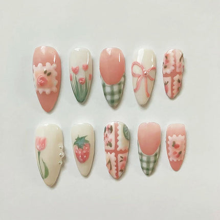 30-Piece Spring Medium Almond Press-On Nails with Flower and Strawberry Design