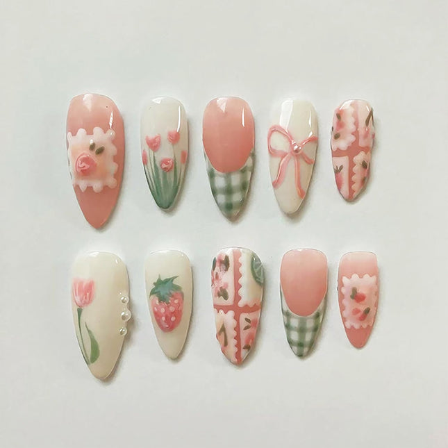 30-Piece Spring Medium Almond Press-On Nails with Flower and Strawberry Design