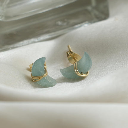 Aquamarine Half Moon Stud Earrings in Gold Plated Brass