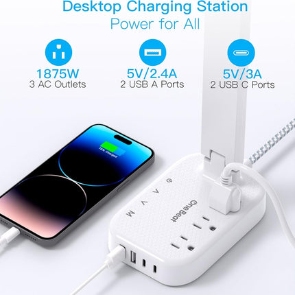Small LED Desk Lamp Power Strip with 5 ft Cord, 3 Outlets and 4 USB Ports, White