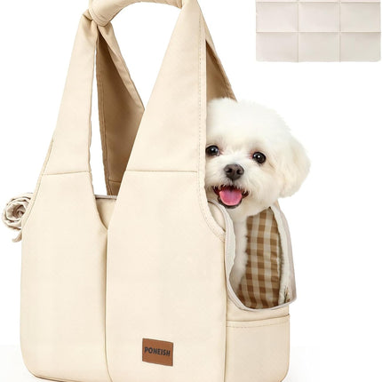 Dog Purse Carrier for Small Dogs and Cats, Beige Soft-Sided Pet Tote with 6 Pockets