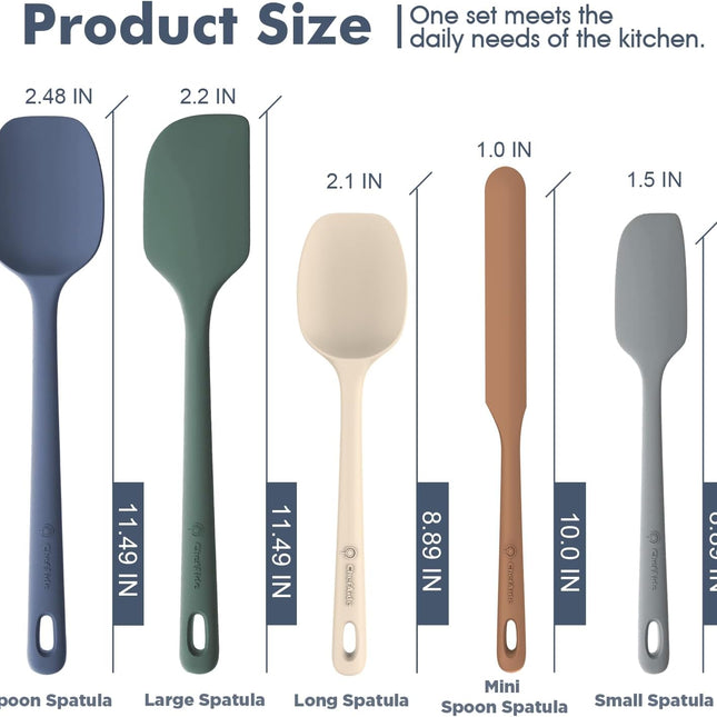 ChefAide 5 Pieces Silicone Spatula Set, Food Grade Rubber Spatula, Upgrade Strong Handle with Ergonomic Grip, Heat Resistant Up to 600°F for Nonstick Cookware, Cooking
