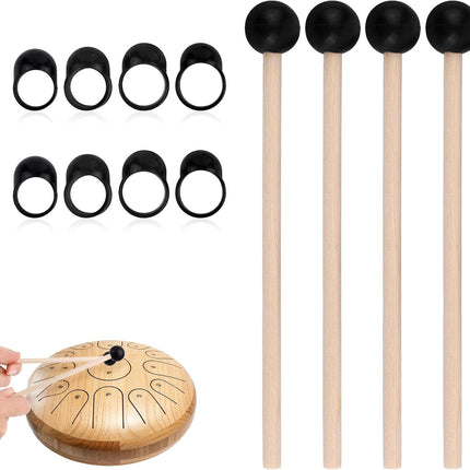 4pcs Wood Handle Steel Tongue Drum Mallets with 8 Finger Cots