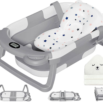 Collapsible Baby Bathtub for Newborns with Thermometer, Hooded Towel, Floating Cushion, and Drain Hole