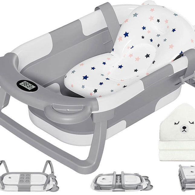 Collapsible Baby Bathtub for Newborns with Thermometer, Hooded Towel, Floating Cushion, and Drain Hole