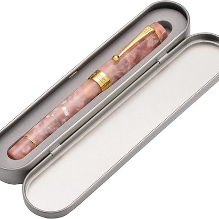 Classic Pink Marble Acrylic Fine Point Fountain Pen with Converter, Gold Trim and Pen Case Set