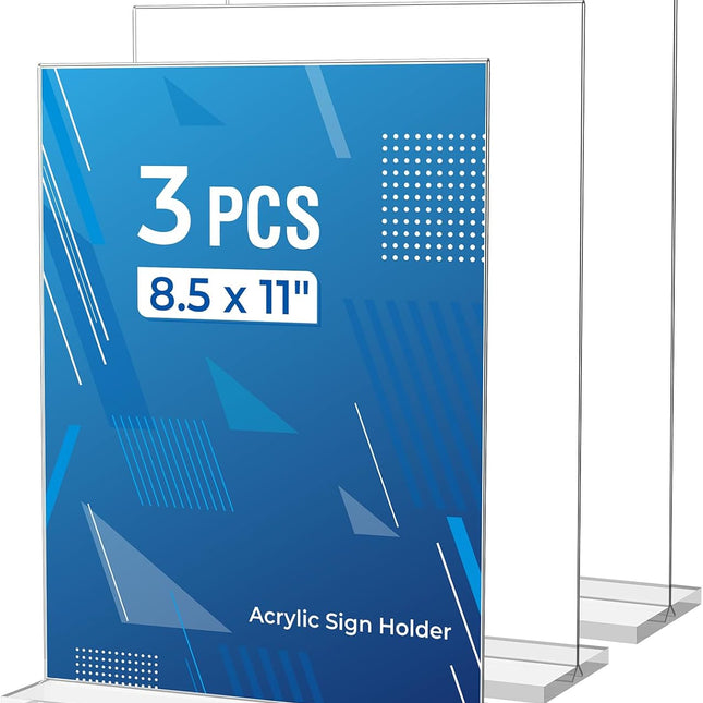 3 Pack Clear Acrylic Sign Holder 8.5 x 11 Inches
