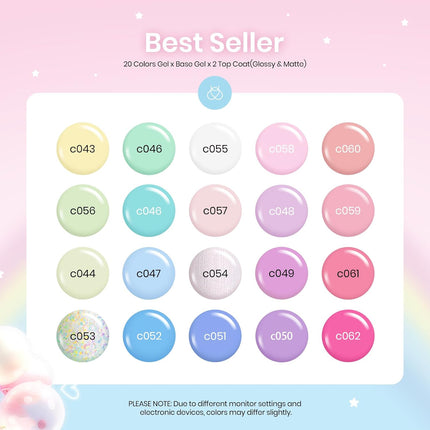 Pastel Gel Polish Set - 20 Colors with Base and Top Coats