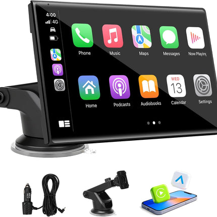 7 inch Carplay Screen - Supports Wireless Carplay & Android Auto, Portable Touchscreen with Bluetooth, Navigation, Voice Control, Mirror Link
