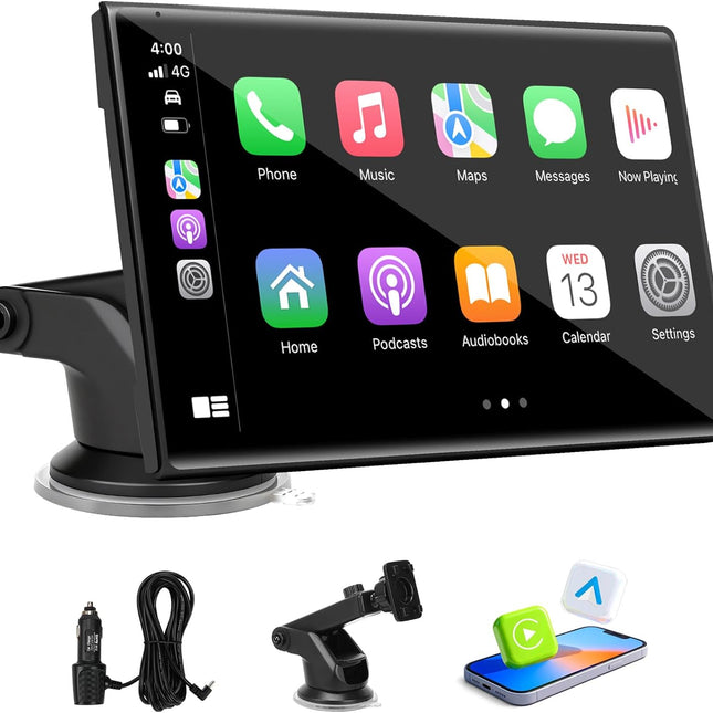 7 inch Carplay Screen - Supports Wireless Carplay & Android Auto, Portable Touchscreen with Bluetooth, Navigation, Voice Control, Mirror Link