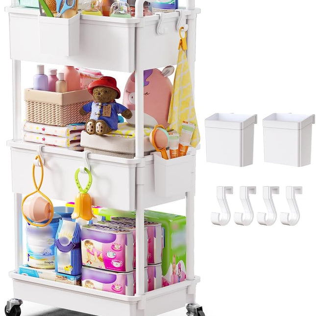 3-Tier White Rolling Diaper Cart with Lockable Wheels