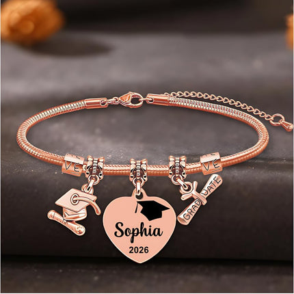 Personalized Graduation Bracelet Class of 2026 – Custom Name & Year Charm Bracelet for Women, Stainless Steel Graduation Jewelry Gift for Daughter, Sister, Best Friend, College High School Graduate