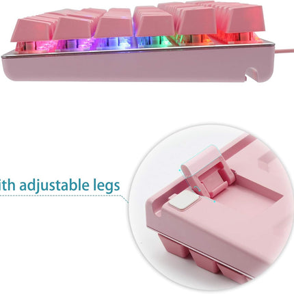 60% Mechanical Gaming Keyboard with Red Switches, Rainbow LED Backlighting, Hot Swappable 81 Keys, Pink