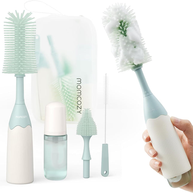 Green Push-Press Foam Bottle Brush Kit for Baby Bottles, Pumps & Nipples