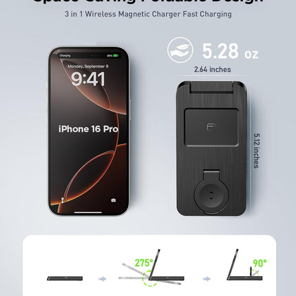 3-in-1 Magnetic Wireless Charging Station, Foldable Portable Charger