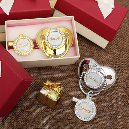 LittleNest NidoPequeño Pacifier with Name, Bling Gold Pacifier Clip Set Storage Box — Baby & Toddler