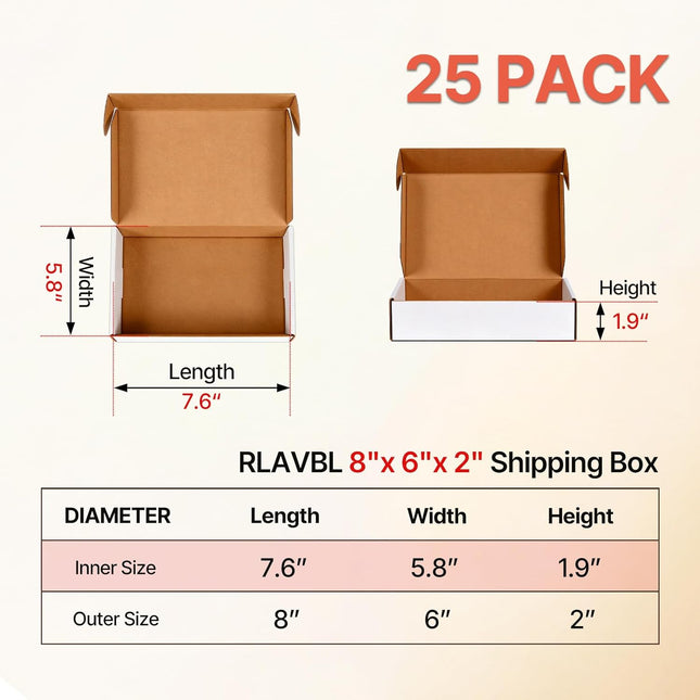 8x6x2 inches Small White Shipping Boxes, 25 Pack