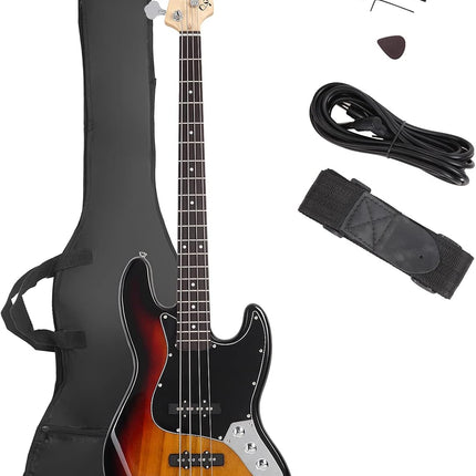 4-String GJazz Full-Size Right-Handed Electric Bass Guitar with Bag, Amp Cord and Beginner Kit - Sunset