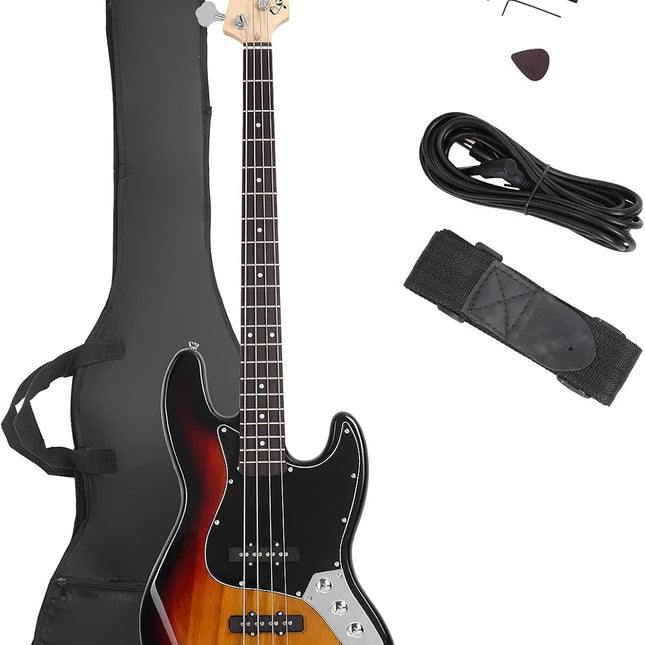 4-String GJazz Full-Size Right-Handed Electric Bass Guitar with Bag, Amp Cord and Beginner Kit - Sunset