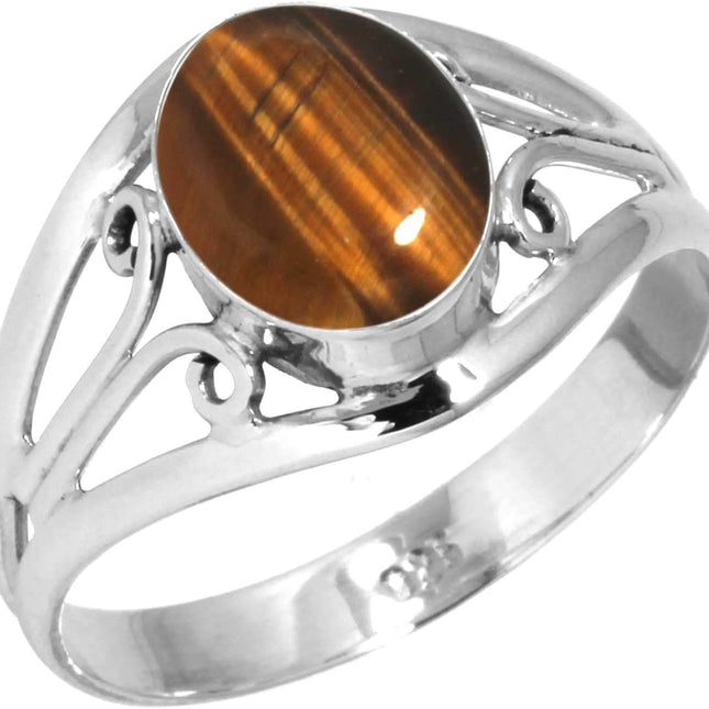 Brown Tiger Eye 925 Sterling Silver Statement Ring, Size 7.5