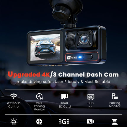 3 Channel Dash Camera for Cars with 4K Front, Rear and Inside Recording