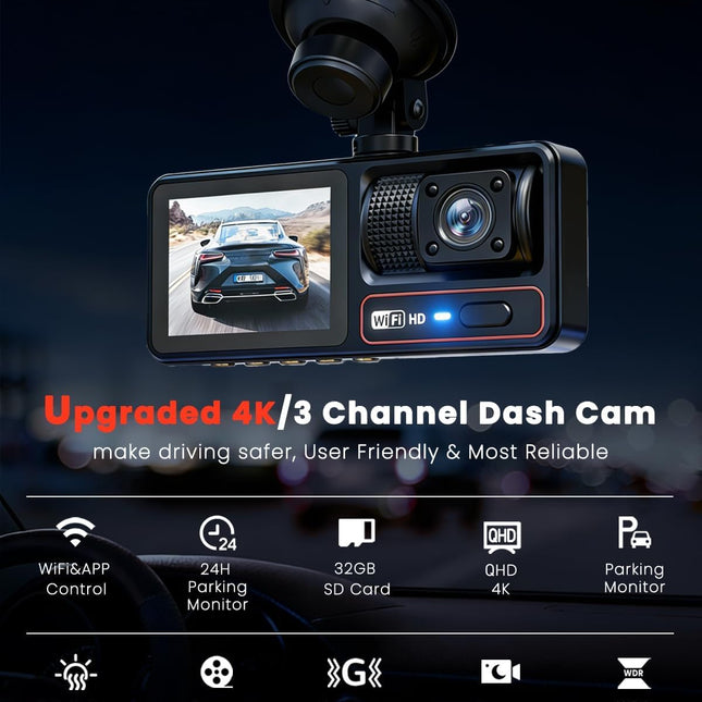 3 Channel Dash Camera for Cars with 4K Front, Rear and Inside Recording
