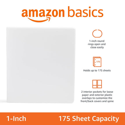 3-Ring Binder with Round Rings and Interior Pockets, 1-Inch, White, 4-Pack