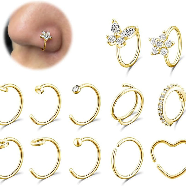 12-Piece Gold Hoop Nose Ring Set, 20G 8mm