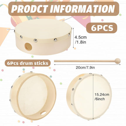 6-Pack 6-Inch Goatskin Wood Frame Hand Drums