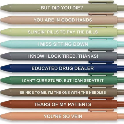 SourcetoHome 10 Pack Nurse Pens Gift Set, Aesthetic Nursing Essentials, Funny Nurse Appreciation Gift for Nurse Week, Work & Graduation, Retractable Black Gel Ink Pens for CNAs, RNs & Women Nursing Students - General - front view