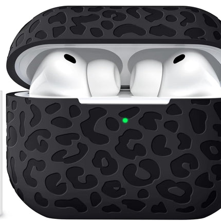 Leopard Engraved Soft Silicone Earbud Case Cover with Keychain and Cleaning Kit, Black