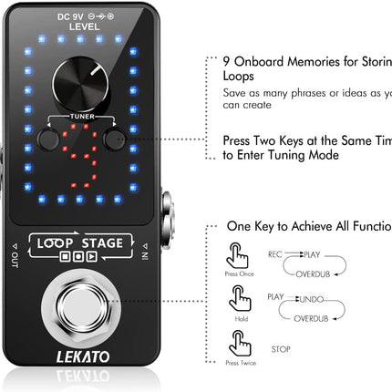 Black Guitar Looper Pedal with Tuner, 9 Loops and 40 Minutes