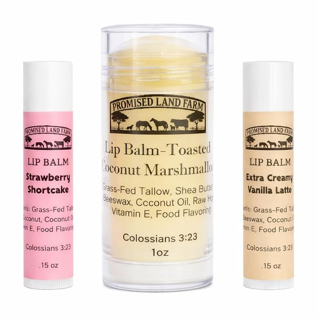 All-Natural Lip Balm Gift Set (3 Pack) - Grass-Fed Tallow, Shea Butter & Honey