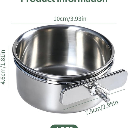 4-Piece Stainless Steel Bird Food & Water Bowls with Clamp Holders