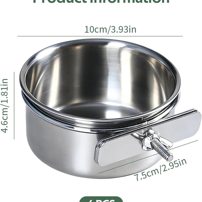 4-Piece Stainless Steel Bird Food & Water Bowls with Clamp Holders