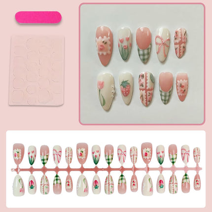 30-Piece Spring Medium Almond Press-On Nails with Flower and Strawberry Design
