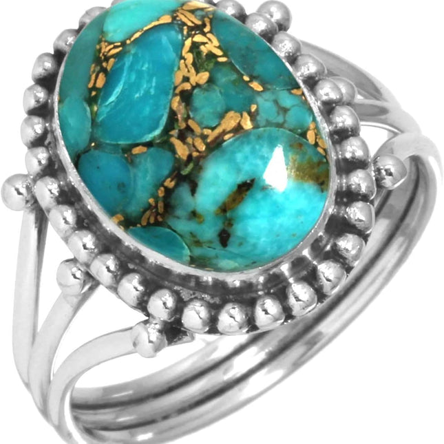 Copper Blue Turquoise 925 Sterling Silver Ring, Size 7.5