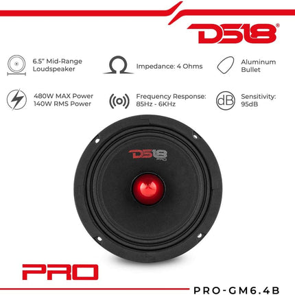 6.5-Inch Midrange Loudspeaker with Red Aluminum Bullet, 4 Ohm