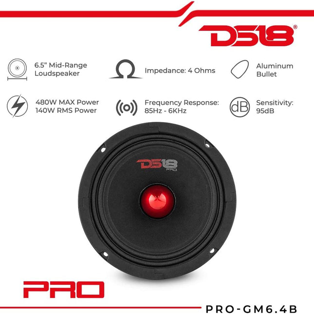 6.5-Inch Midrange Loudspeaker with Red Aluminum Bullet, 4 Ohm