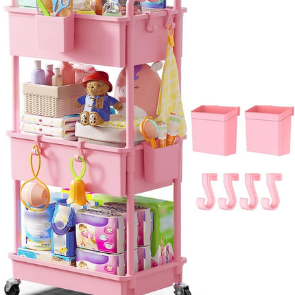 3-Tier Pink Rolling Diaper Cart with Lockable Wheels