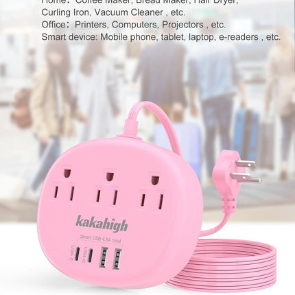 Pink Extension Cord with USB C - 5 FT Kawaii Power Strip