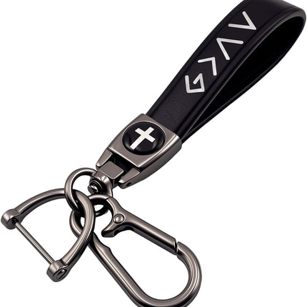 Black Leather Cross Keychain for Men