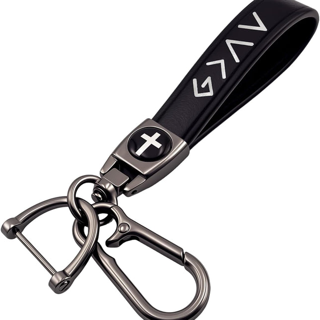 Black Leather Cross Keychain for Men