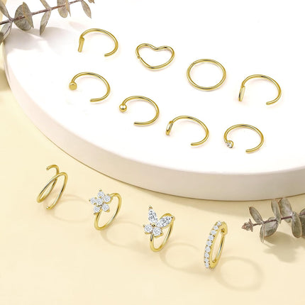 12-Piece Gold Hoop Nose Ring Set, 20G 8mm